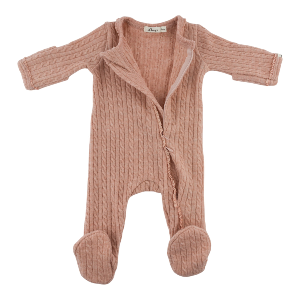 oh baby! Cable Knit Pocket Zipper Footie - Pale Pink - Zipper
