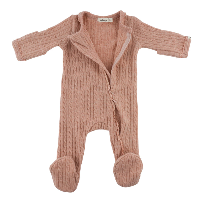 oh baby! Cable Knit Pocket Zipper Footie - Pale Pink - Zipper