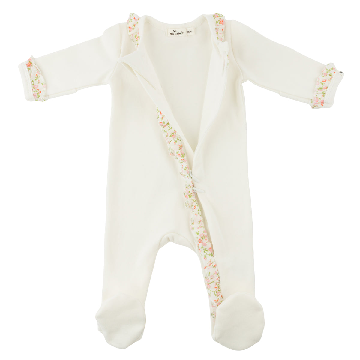 oh baby! Ruffle Footie - Blush Poppy Sprig - Oyster - Open Zipper
