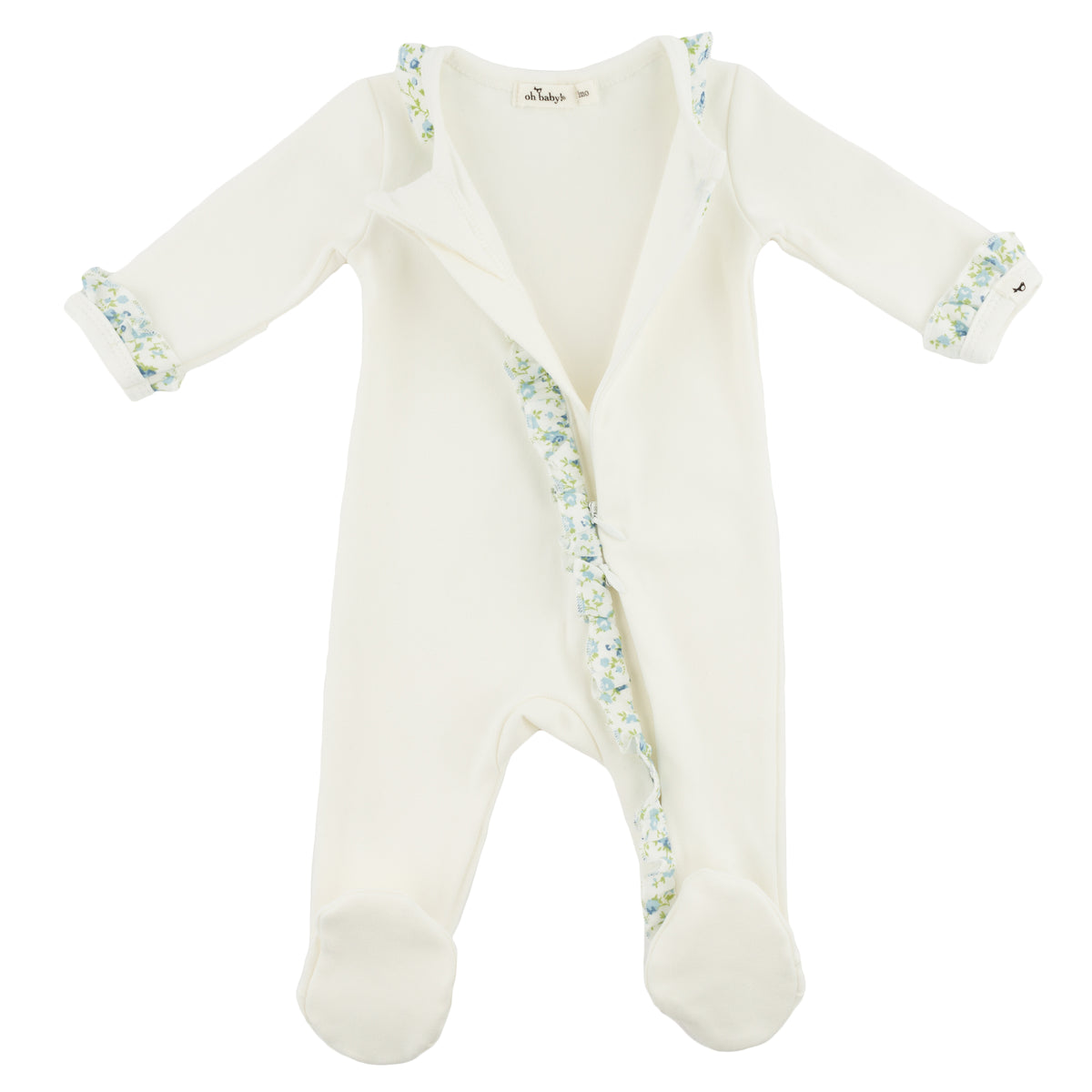 oh baby! Ruffle Footie - Sky Blue Poppy Sprig - Oyster - Open Zipper