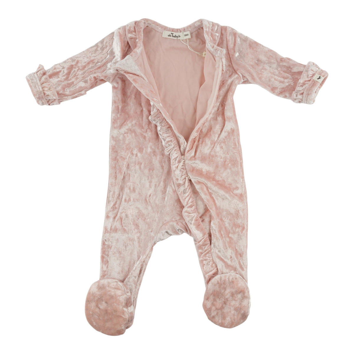 oh baby! Zipper Footie - Crushed Velvet Ruffles - Pale Pink - Open