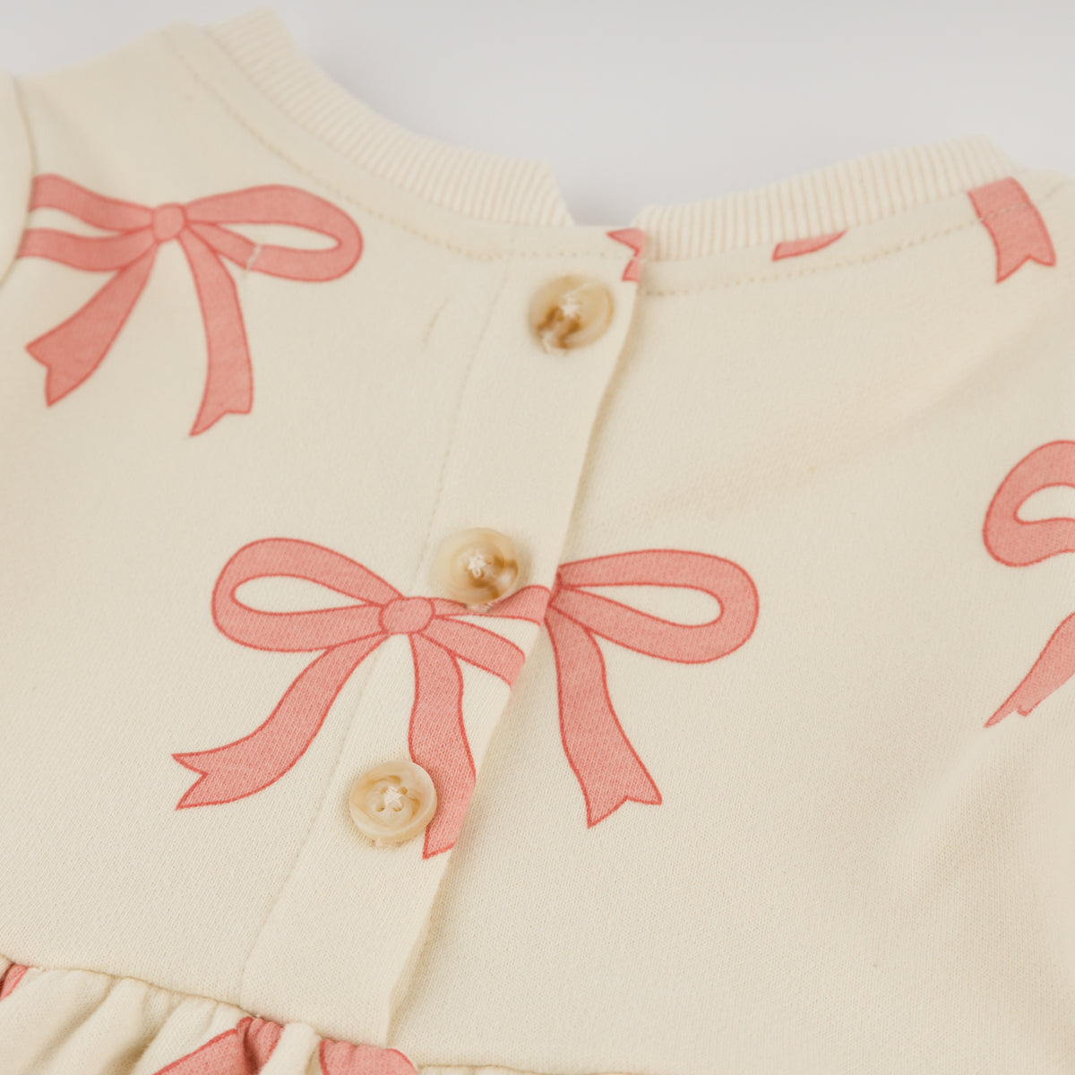 oh baby! French Terry Josephine Dress - Pink Bows - Natural - Back Buttons