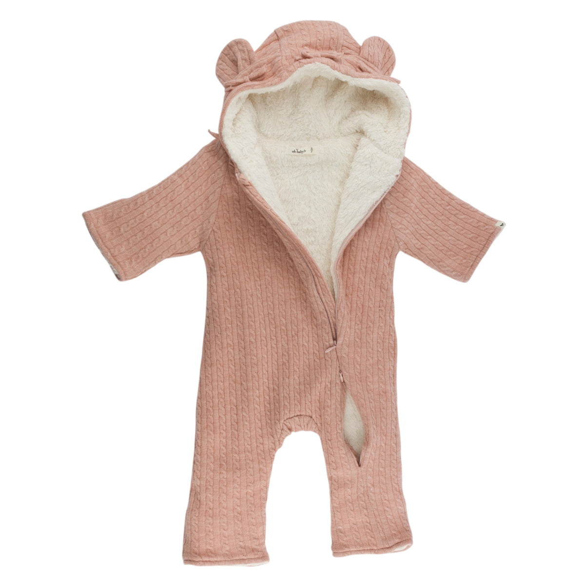 oh baby! Teddy Bunting - Cable Knit Bow - Pale Pink - Zipper
