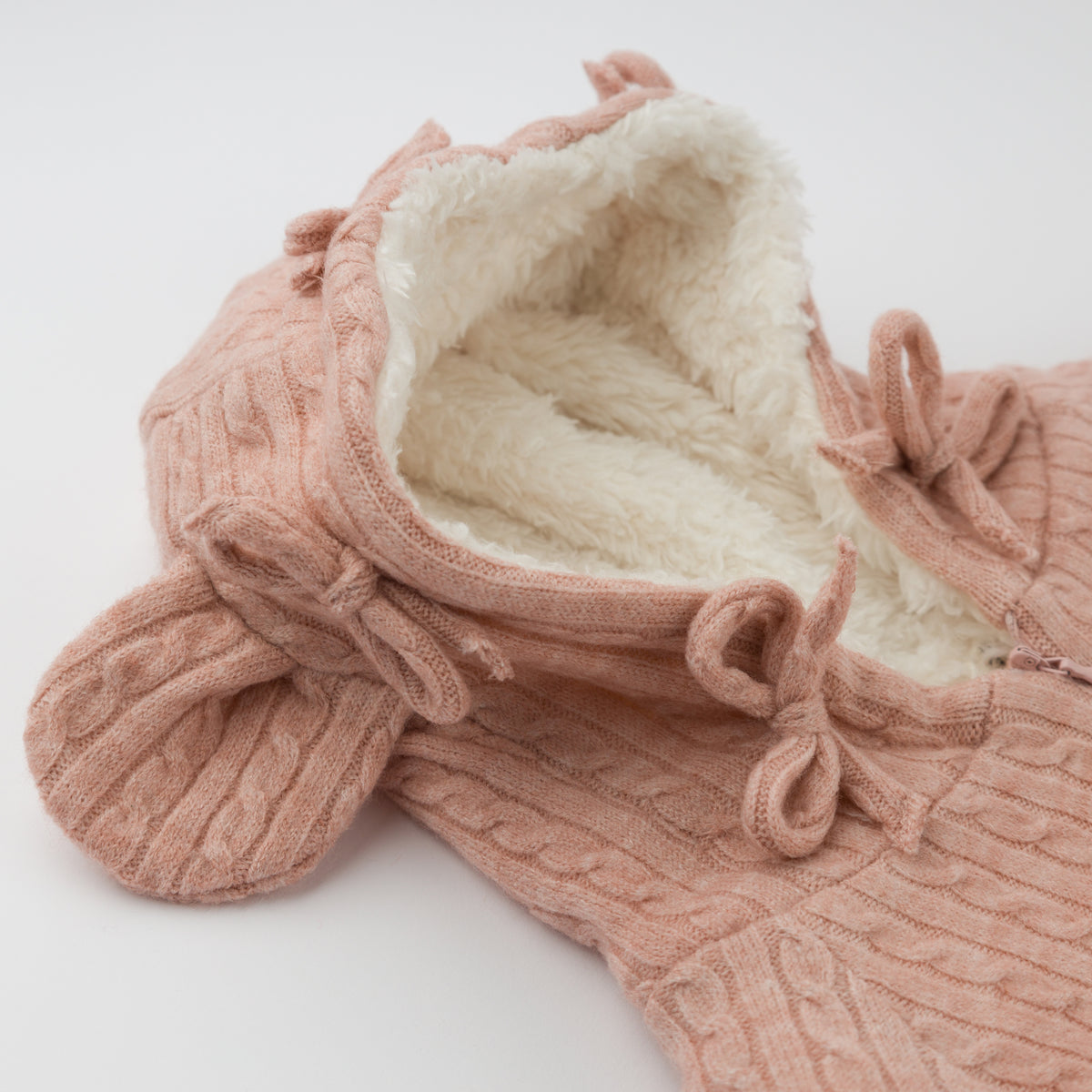 oh baby! Teddy Bunting - Cable Knit Bow - Pale Pink - Hood