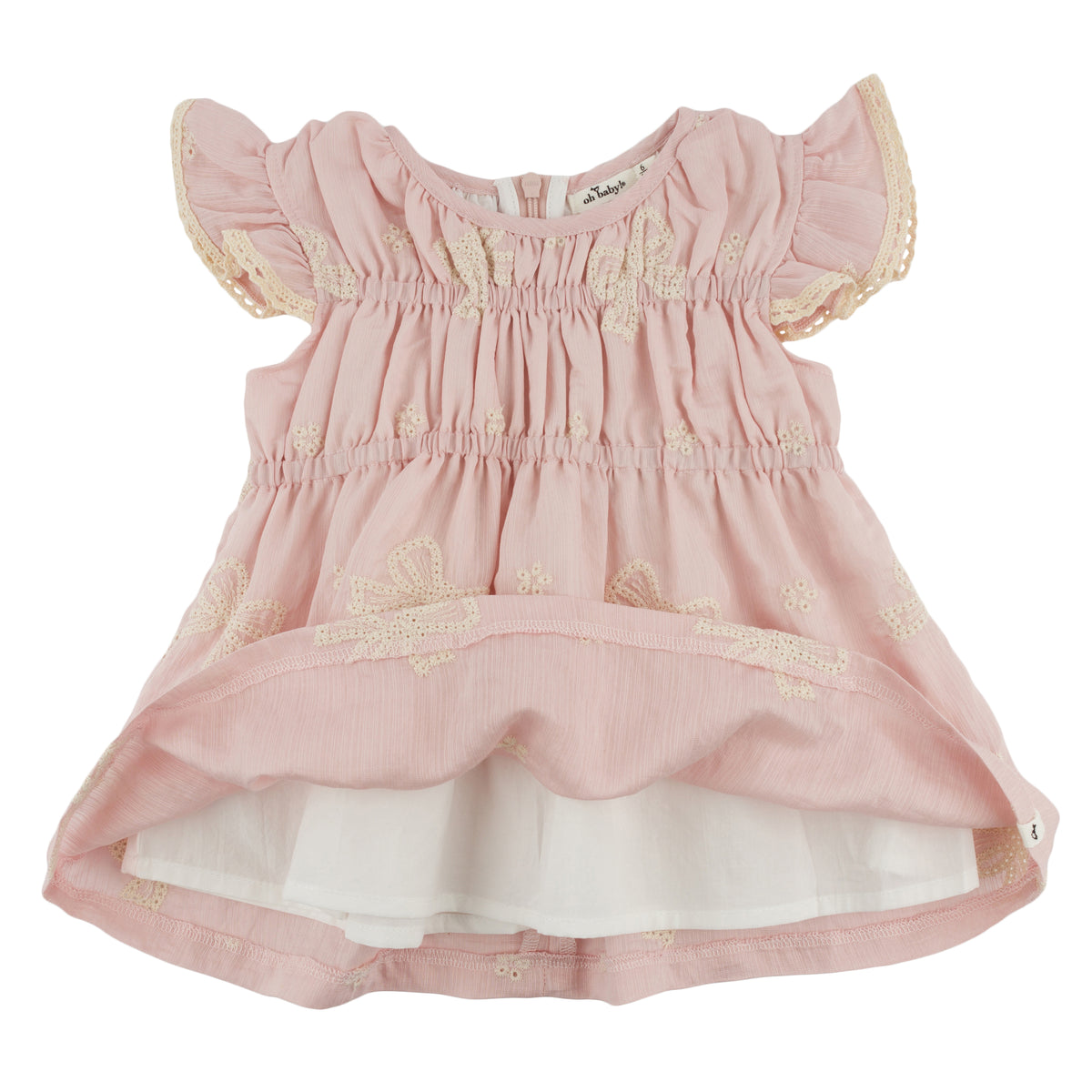 oh baby! April Flutter Sleeve Dress - Embroidery Bows - Dusty Pink - Lining