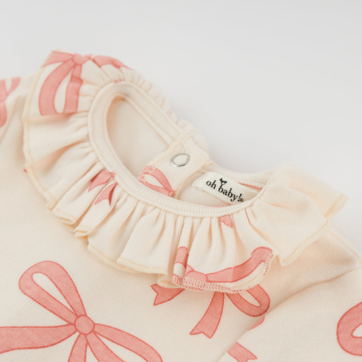 oh baby! Ruffle Neck Onesie - Pink Bows - Natural - Neck