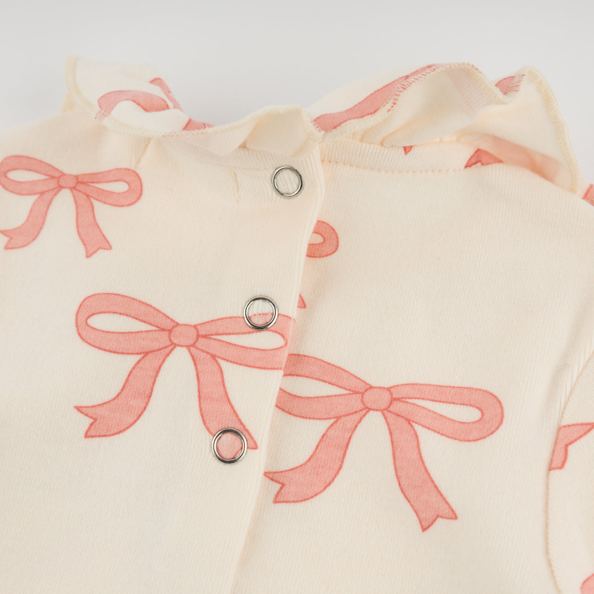 oh baby! Ruffle Neck Onesie - Pink Bows - Natural - Back Snaps