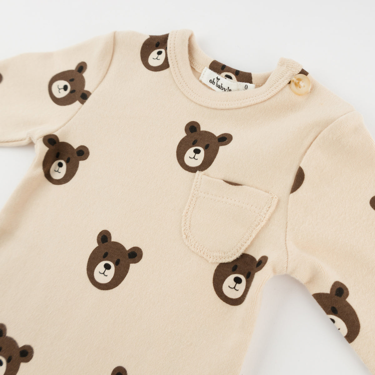 oh baby! Long Sleeve Pocket Onesie - Bear Faces - Shortbread - oh baby!