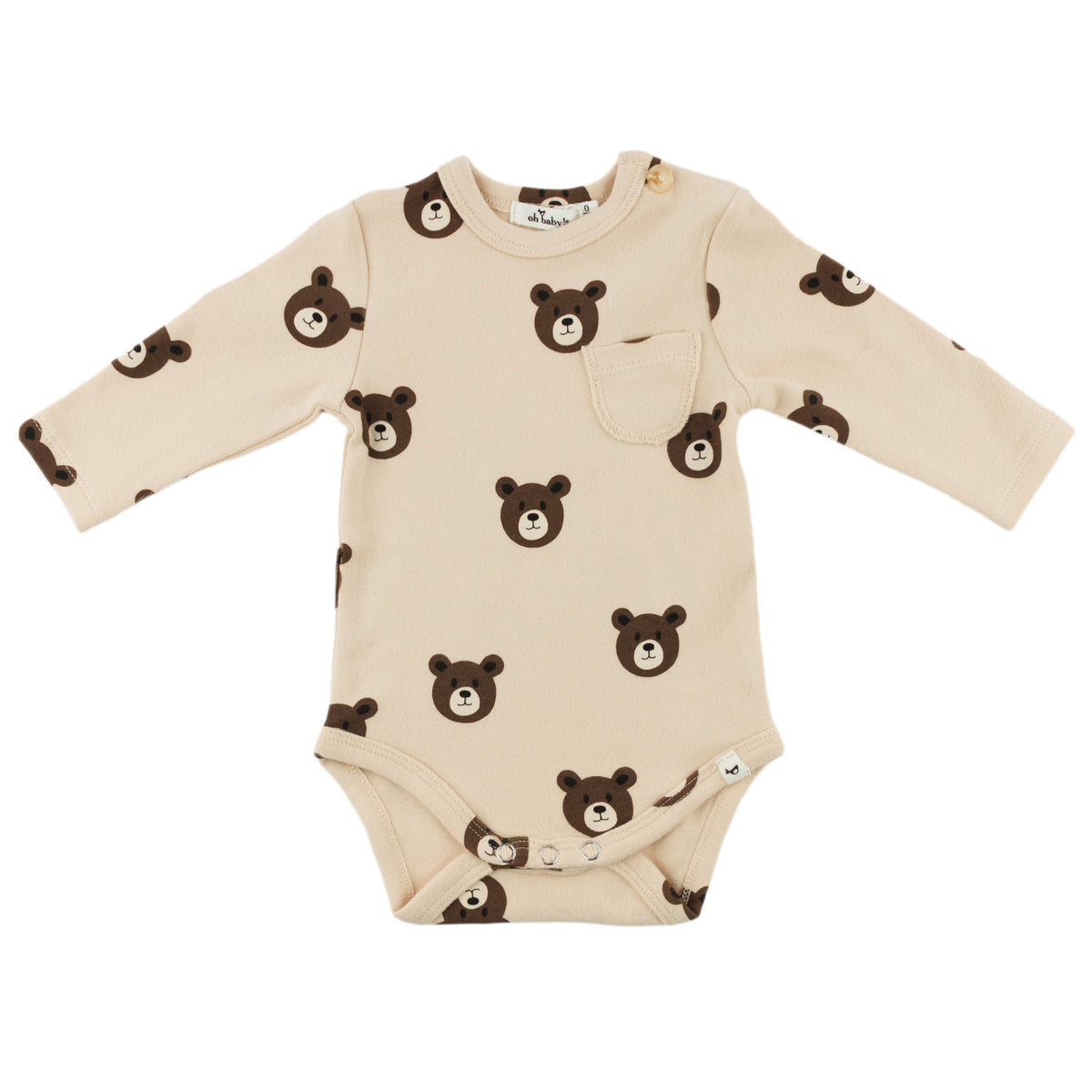 oh baby! Long Sleeve Pocket Onesie - Bear Faces - Shortbread - oh baby!