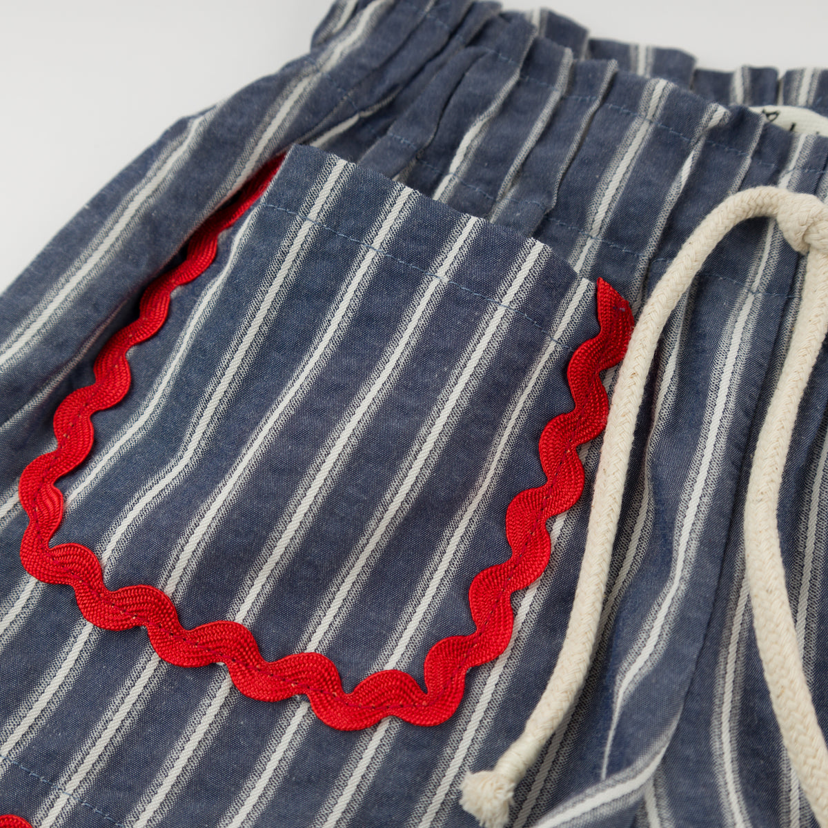 oh baby! Libby Pocket Short - Stripe with Ric Rac Trim - Navy - Pocket