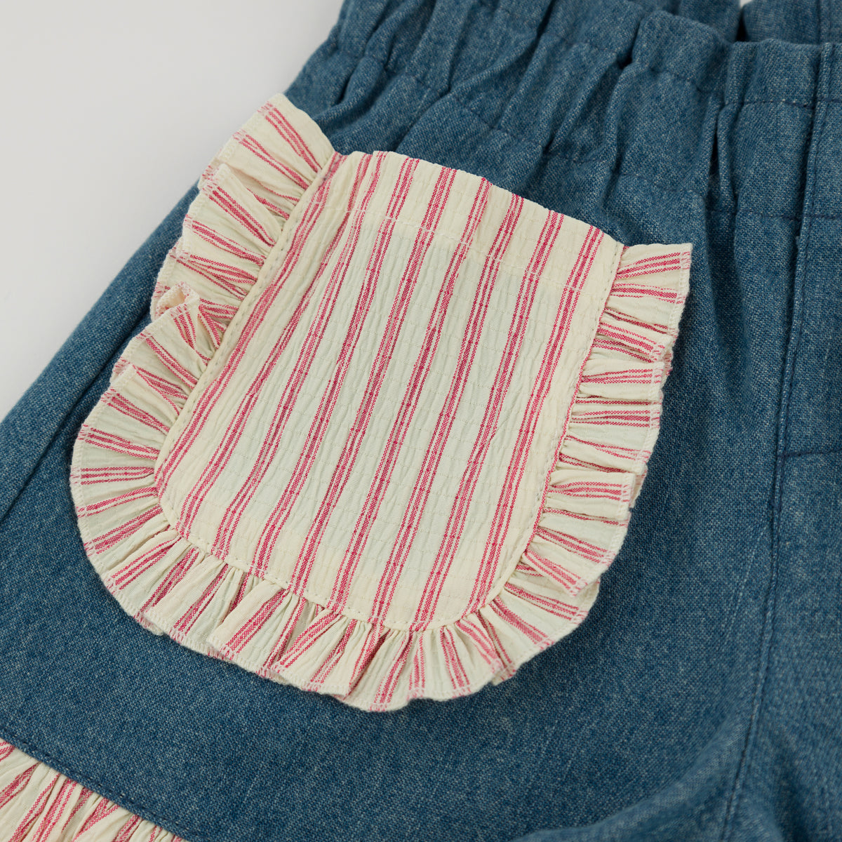 oh baby! Libby Ruffle Short - Blush Stripe - Denim Medium Wash - Pocket