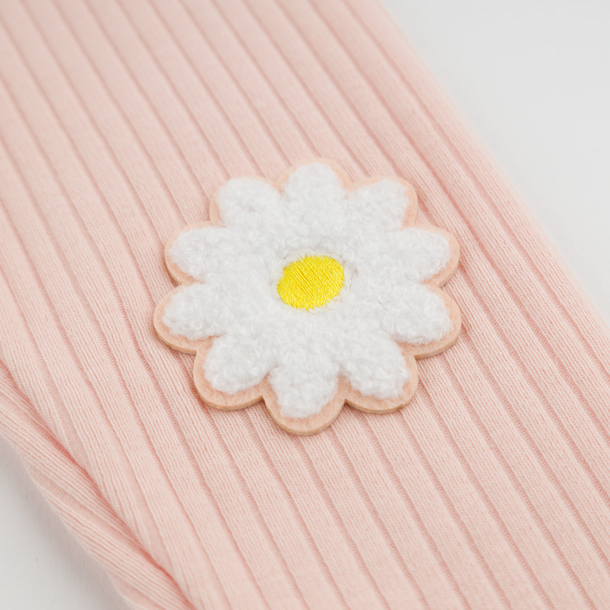 oh baby! Ribbed Leggings - Chenille Daisy Patch Knees - Ballet Pink - Close Up