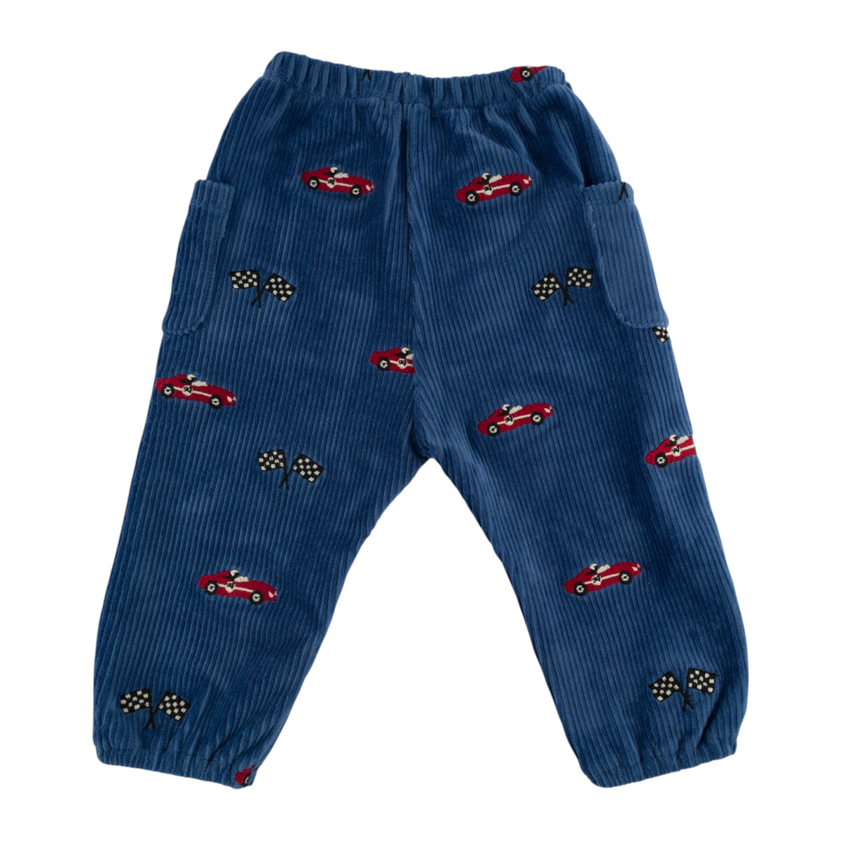 oh baby! Side Pocket Pant - Embroidered Race Car with Flags - Denim - Back
