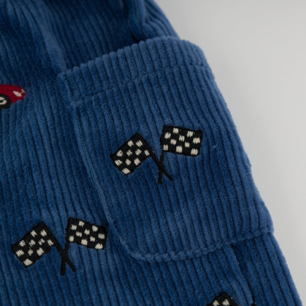 oh baby! Side Pocket Pant - Embroidered Race Car with Flags - Denim - Pocket