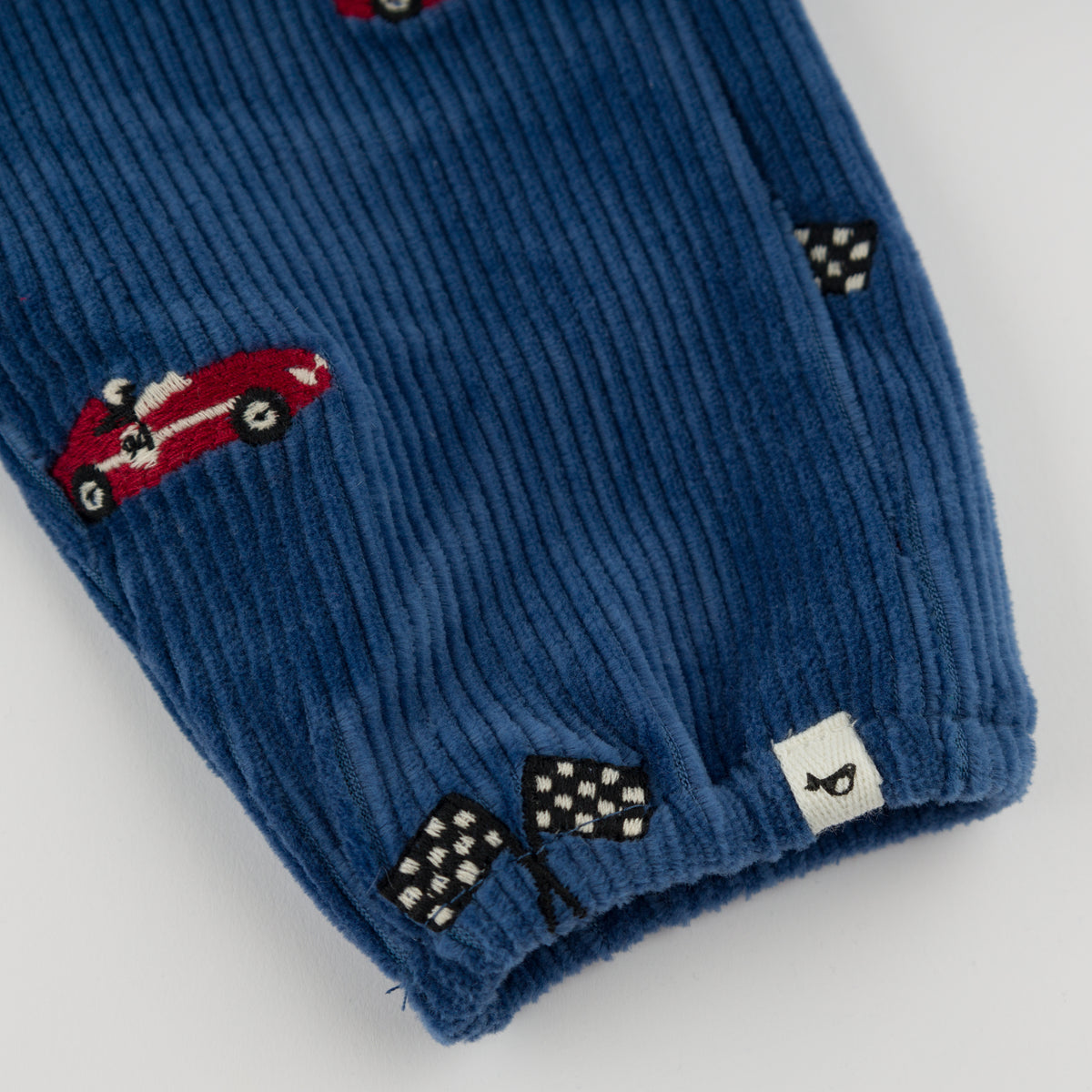 oh baby! Side Pocket Pant - Embroidered Race Car with Flags - Denim - Elastic Bottom with Logo