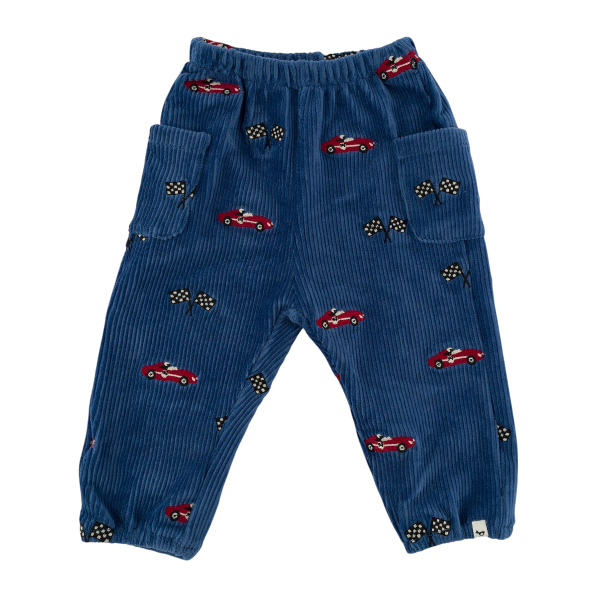 oh baby! Side Pocket Pant - Embroidered Race Car with Flags - Denim