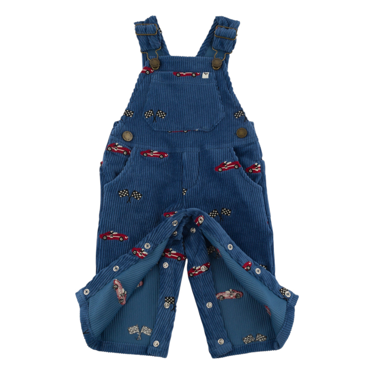 oh baby! Overalls - Embroidered Race Car with Flags - Denim - Legs Open