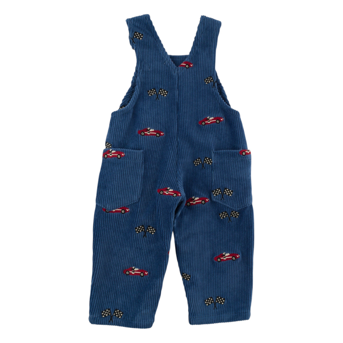 oh baby! Overalls - Embroidered Race Car with Flags - Denim - Back