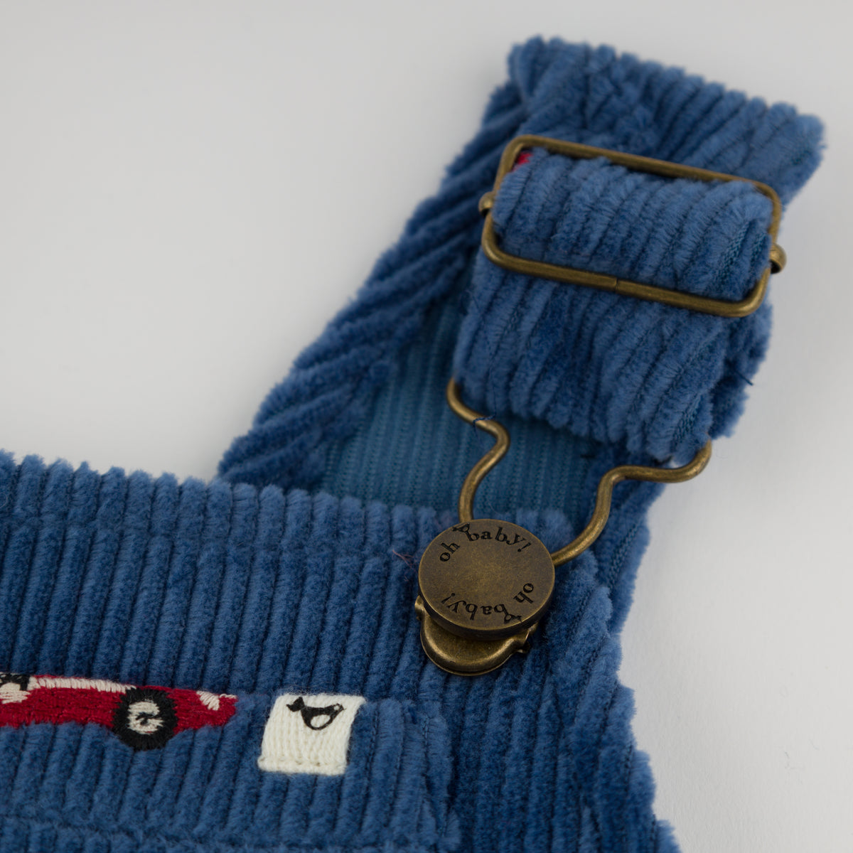 oh baby! Overalls - Embroidered Race Car with Flags - Denim - Clasp