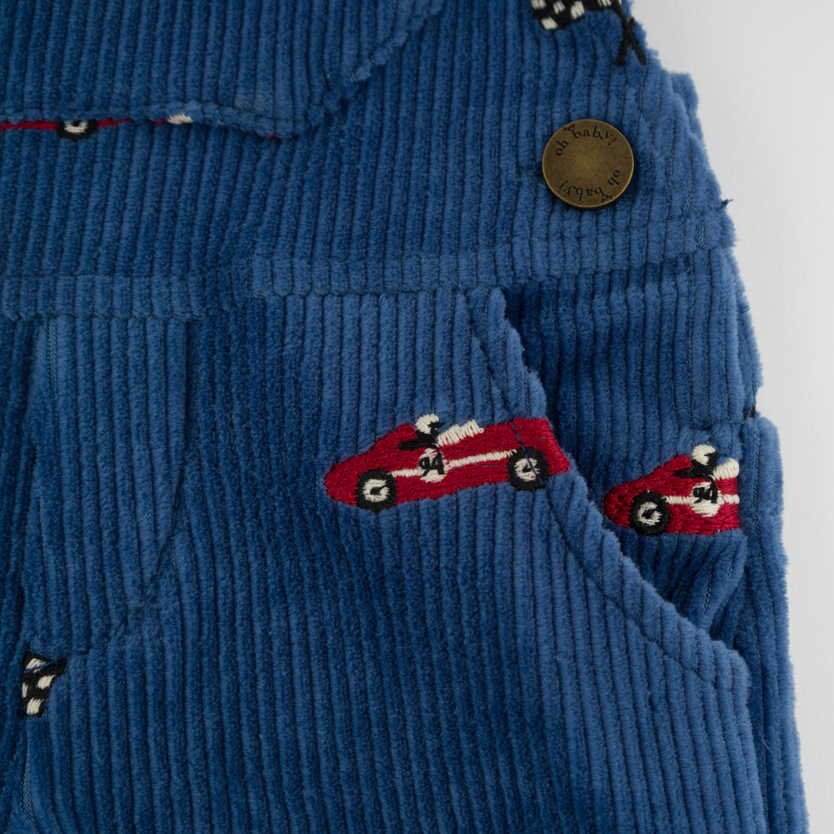 oh baby! Overalls - Embroidered Race Car with Flags - Denim - Pocket