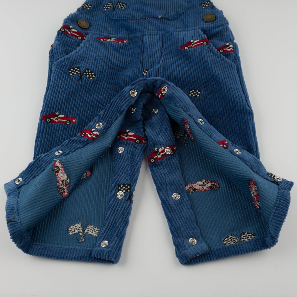 oh baby! Overalls - Embroidered Race Car with Flags - Denim - Leg Snaps