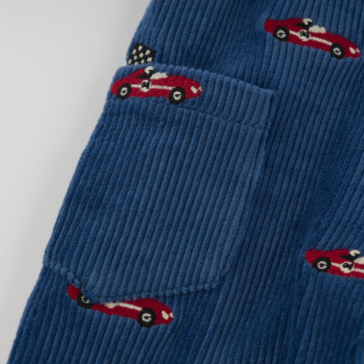 oh baby! Overalls - Embroidered Race Car with Flags - Denim - Pocket