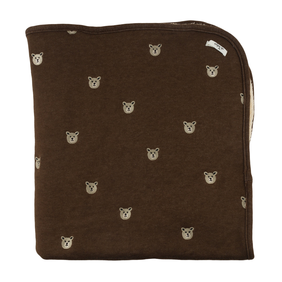 oh baby! Snowdrift Layette Blanket - Bear Faces Embroidered - Chocolate