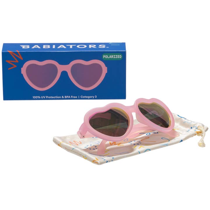 Babiators Frosted Pink Heart Sunglasses with Purple Polarized Mirrored Lenses - Carry Case