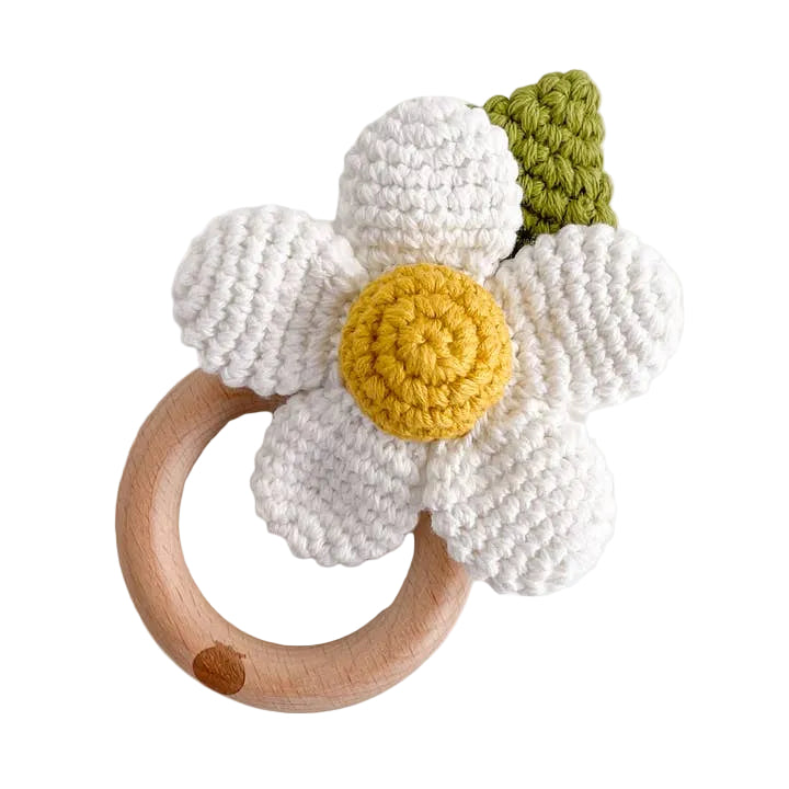 Cotton Crochet Rattle Teether - Flower White