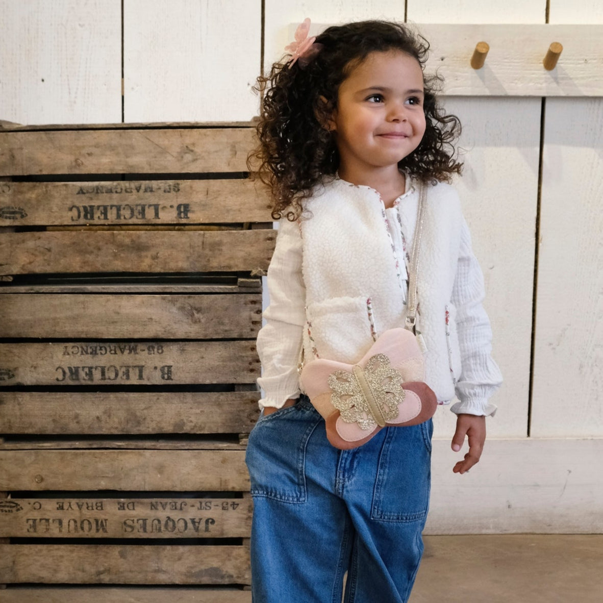 Girl wearing the Patchwork Butterfly Bag Purse