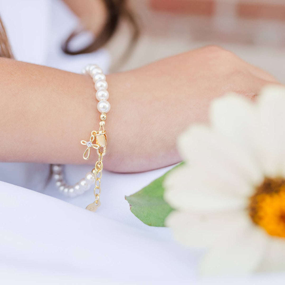 Jayde 14K Gold-Plated Baptism Cross Pearl Child's Bracelet - Soft White - Lifestyle