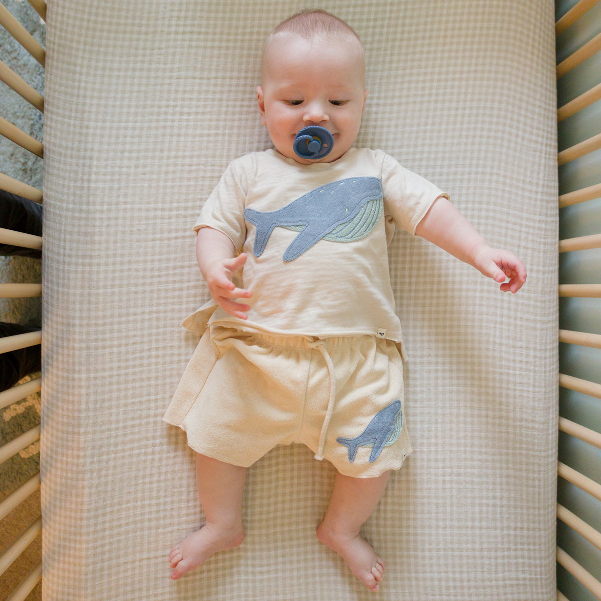 oh baby! Charlie Short - Whale Applique - Buff - and Raw Edge Tee - Lifestyle