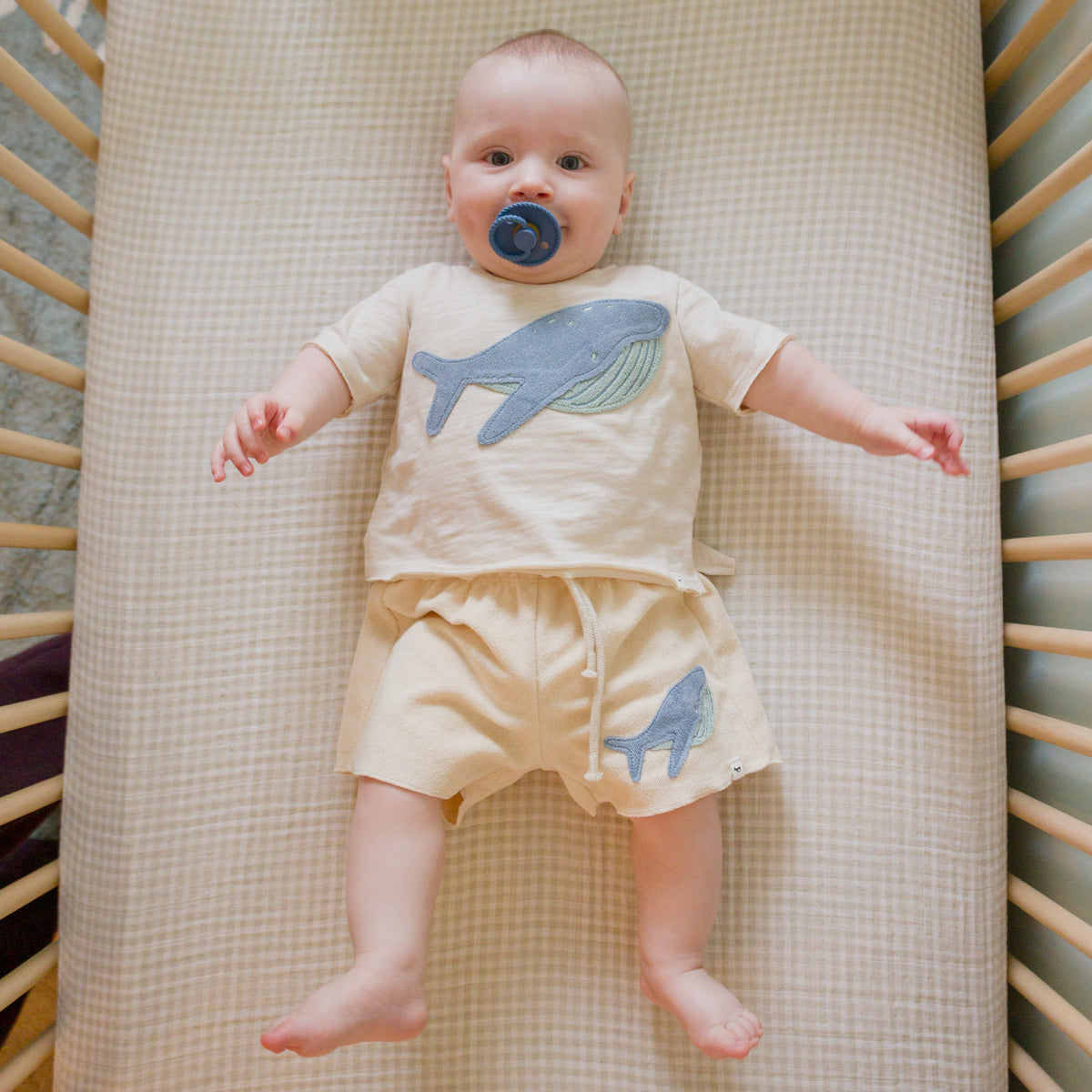 oh baby! Raw Edge Short Sleeve Tee - Whale Applique - Natural with Appliqued Shorts Lifestyle