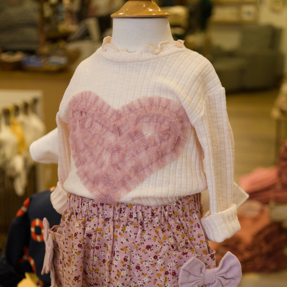 oh baby! Mock Neck Long Sleeve Top - Ruffle Heart - Natural - Mannequin
