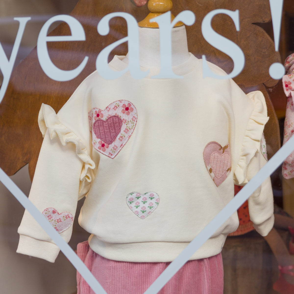 oh baby! Millie Sweatshirt - Multi Hearts Applique - Sugar Cookie - Window Display