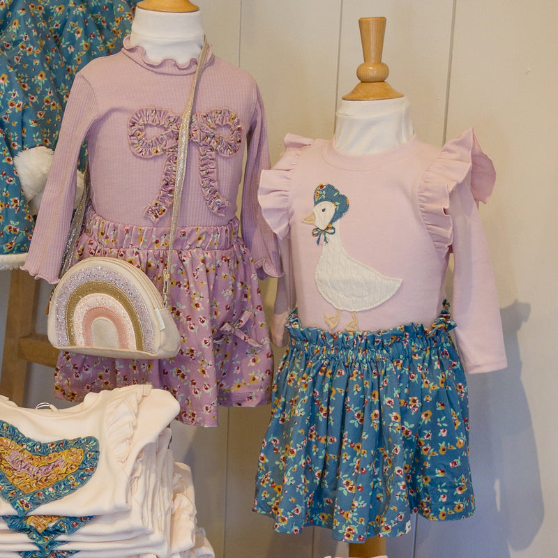 oh baby! Millie Long Sleeve Tee - Mother Goose Applique - Dusty Pink with Harvest Bloom Skirt - Teal - In-store