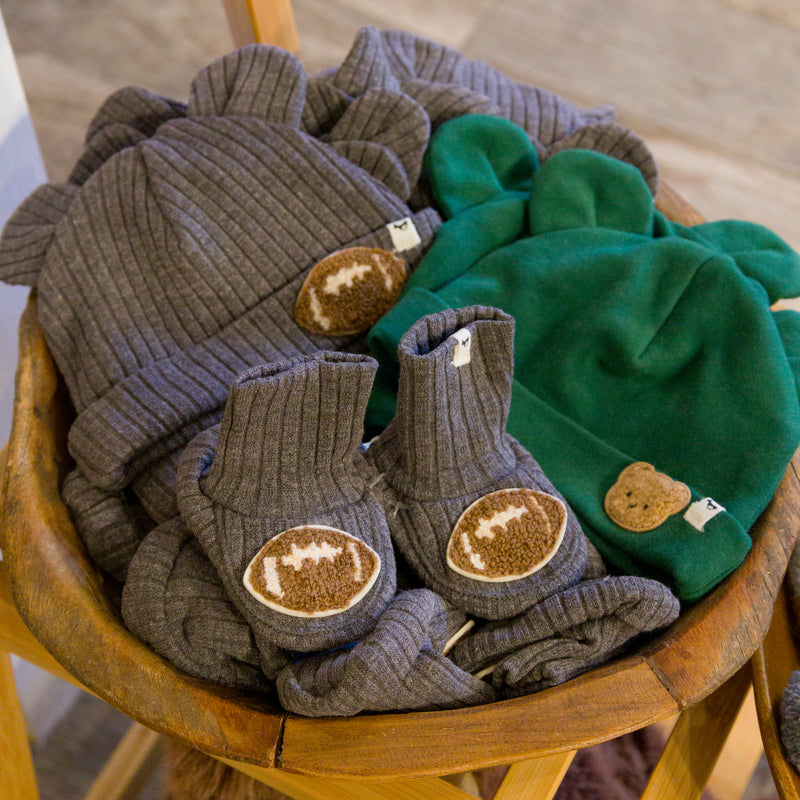 oh baby! Bear Ear Hat - Football Chenille Patch - Charcoal and Booties