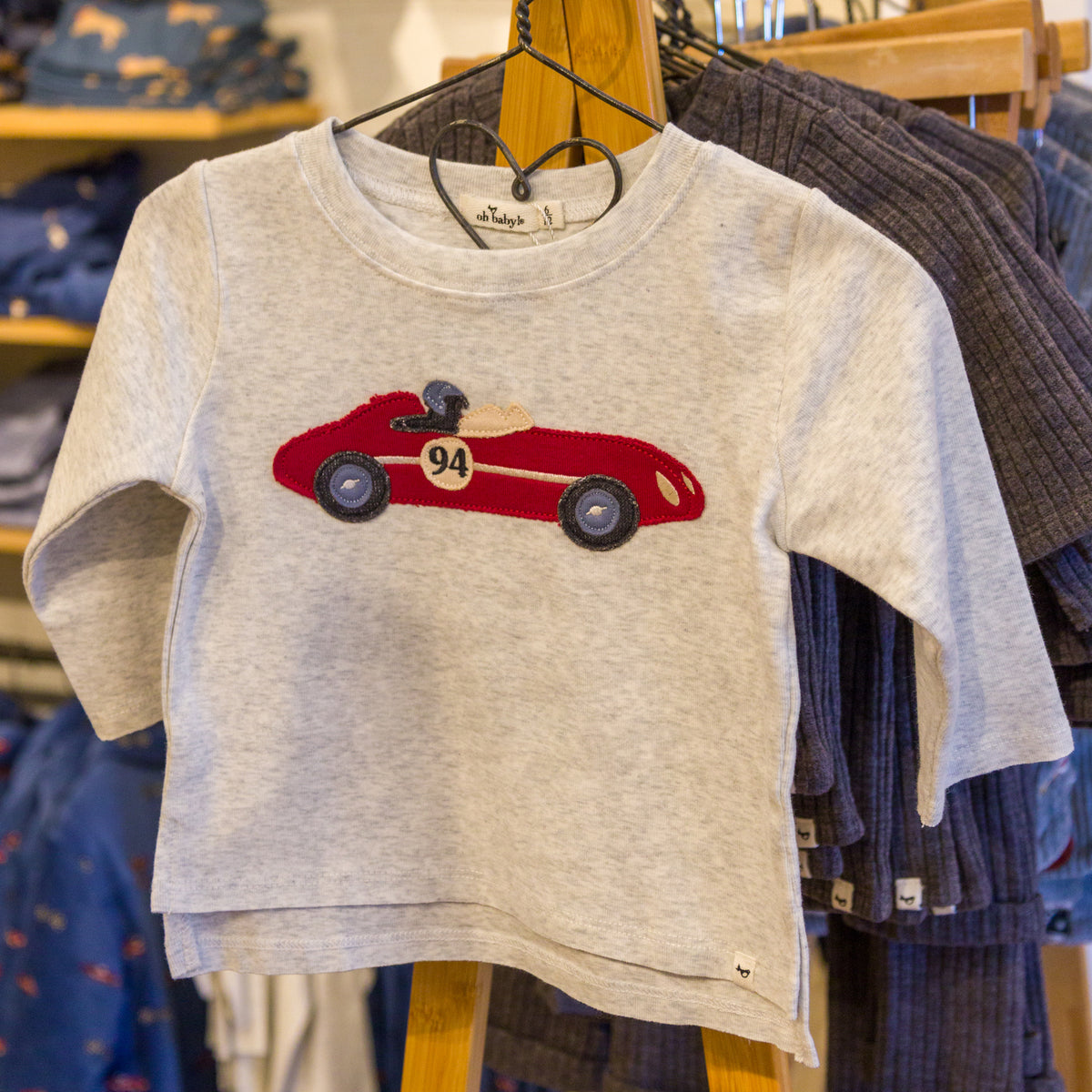oh baby! Long Sleeve Tee - Race Car Applique - Heather Gray- In-store