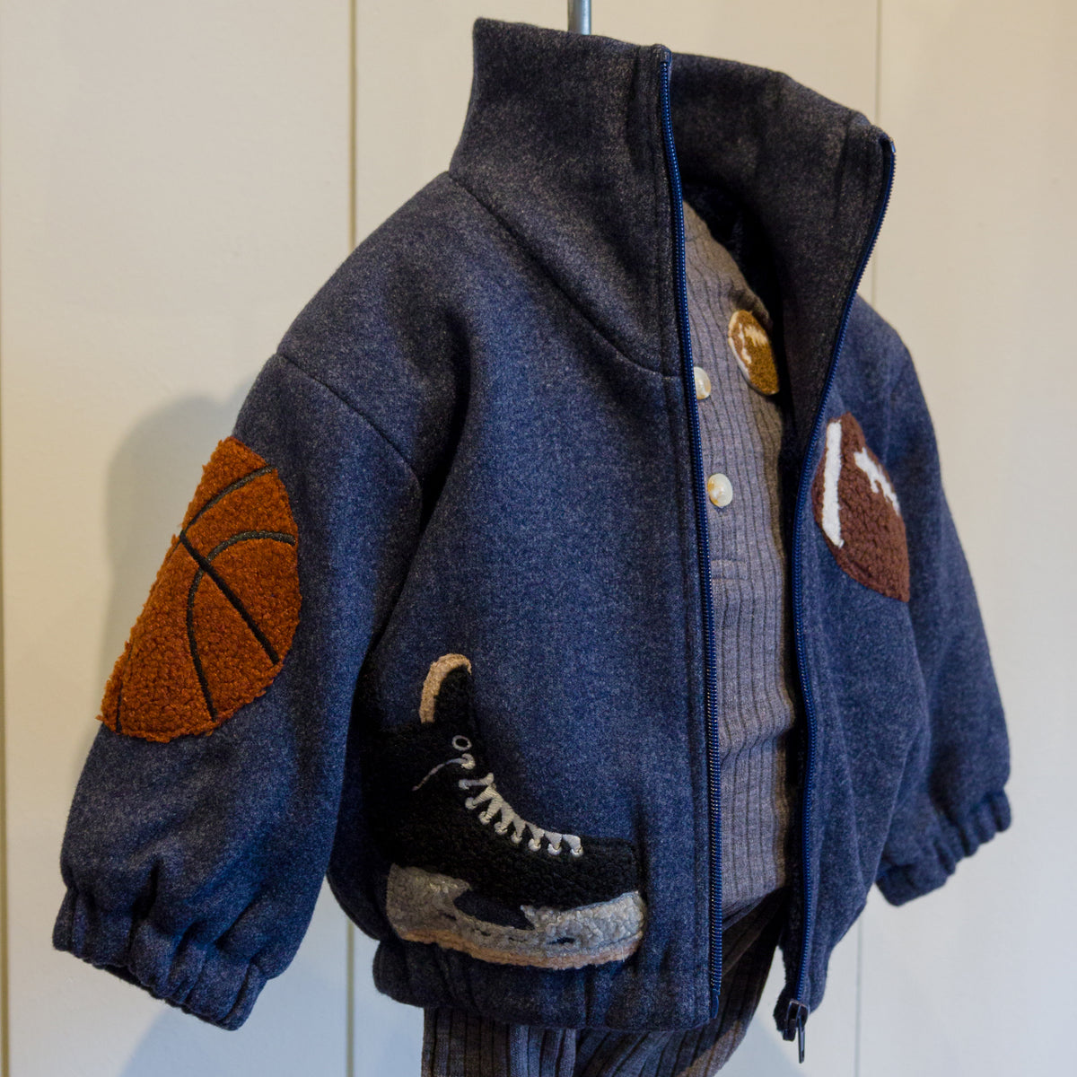 oh baby! Tahoe Jacket - Felt Sports Applique - Navy Heather - Mannequin
