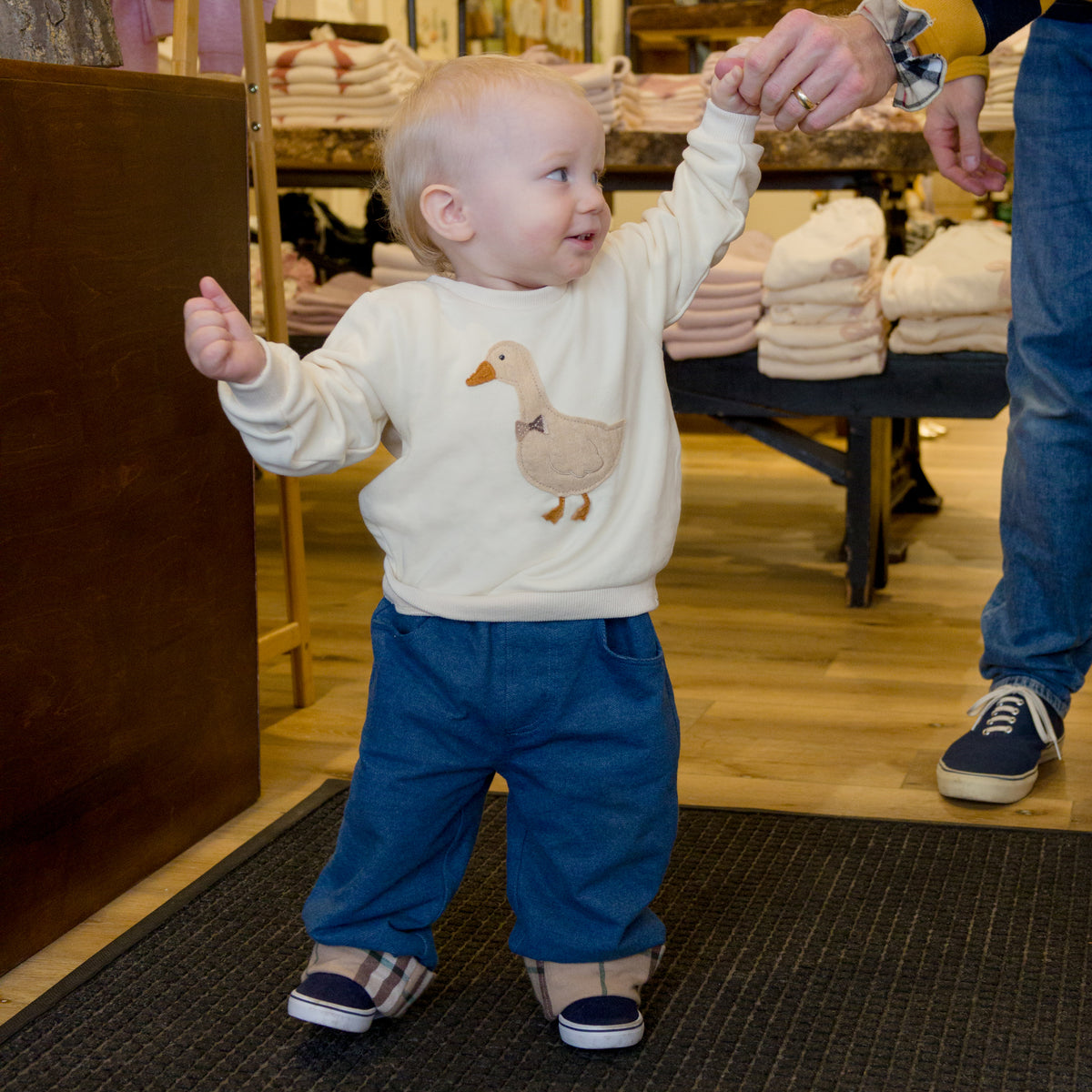 oh baby! Brooklyn Boxy Sweatshirt - Goose Mini Tartan Bow - Sugar Cookie and Jeans with Tartan Plaid Lining