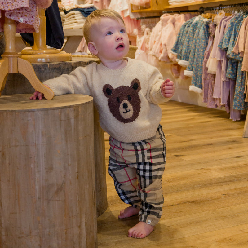 oh baby! Crew Neck Sweater - Bear Intarsia - Honey and Side Pocket Pants - Tartan