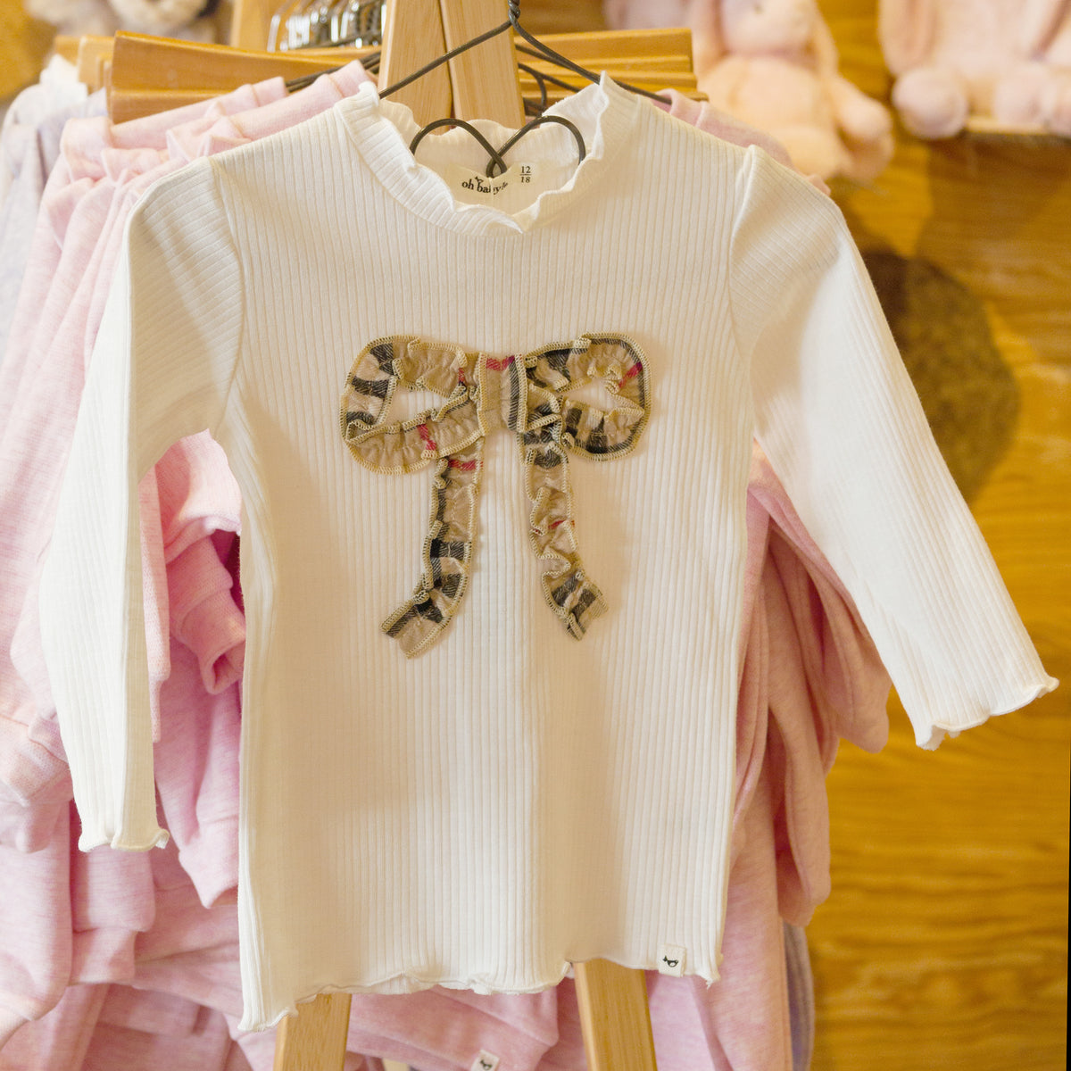 oh baby! Mock Neck Long Sleeve Top - Mini Tartan Ruffle Bow - Cream