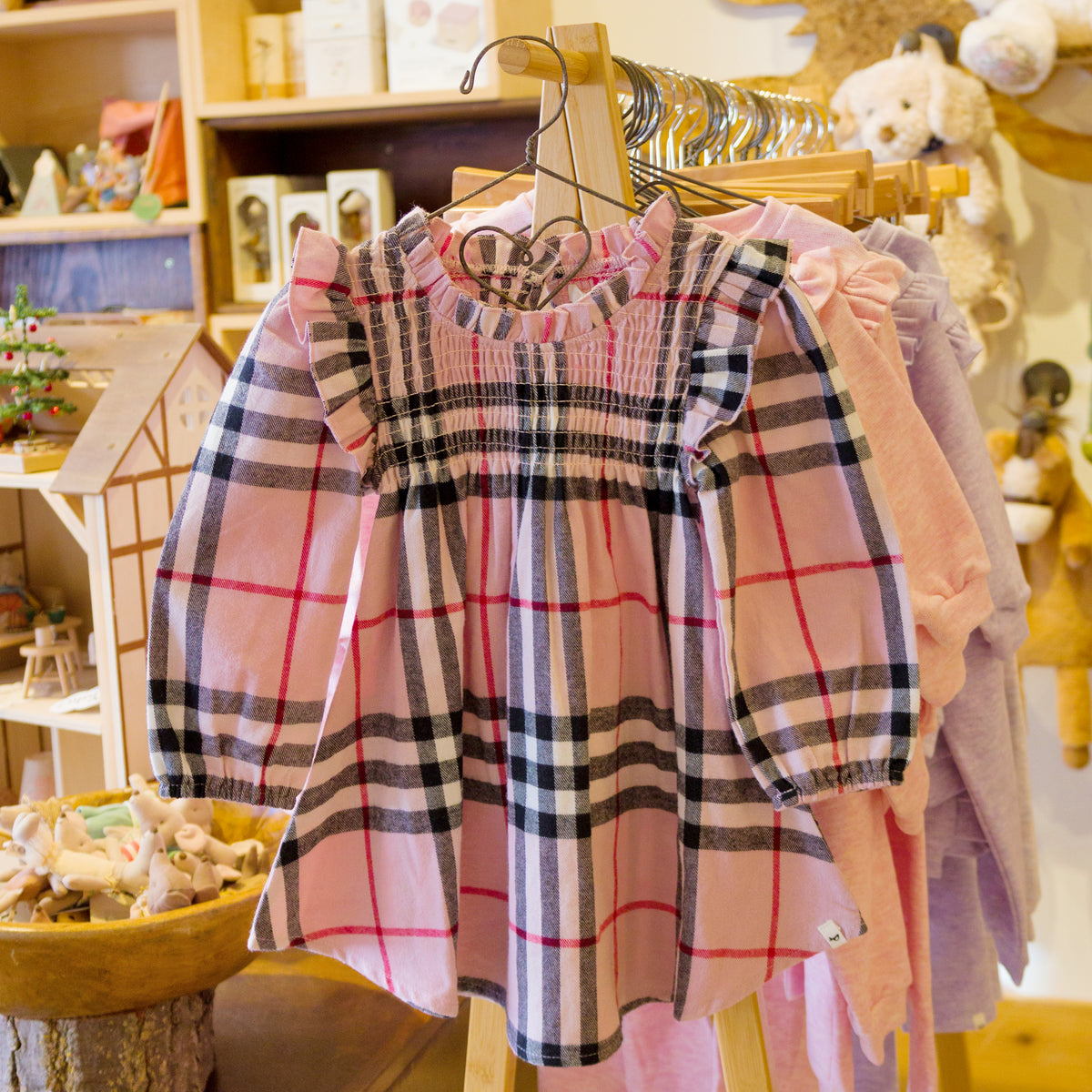 oh baby! Anna Ruffle Shoulder Dress - Mini Tartan - Pink - In-Store