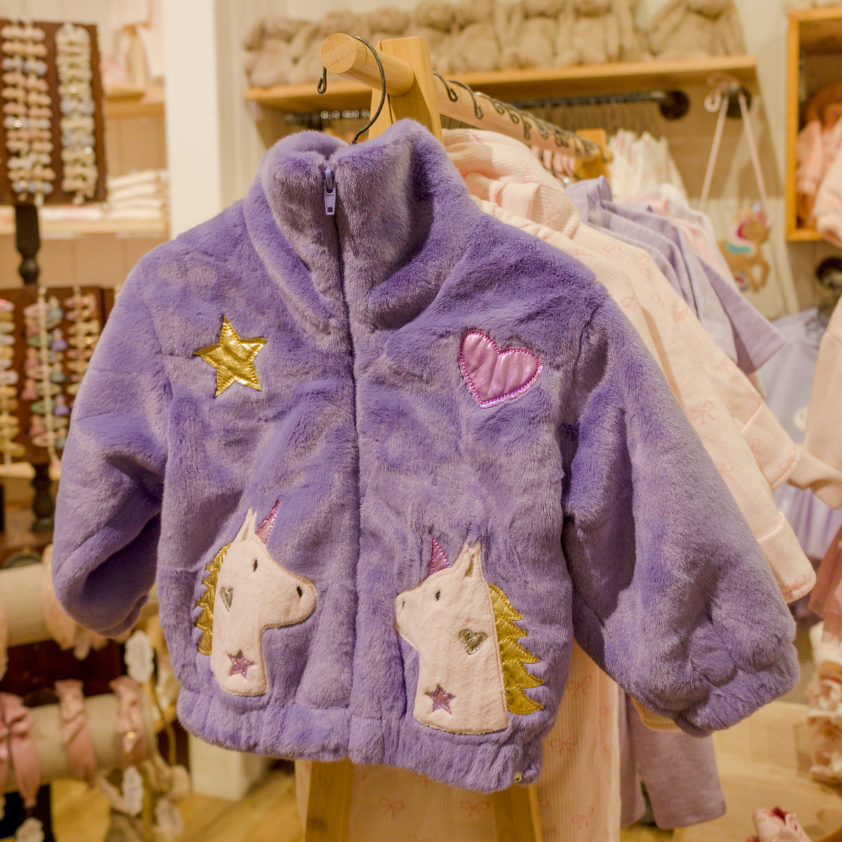 oh baby! Faux Fur Tahoe Coat - Metallic Unicorn Applique - Lavender - In Store