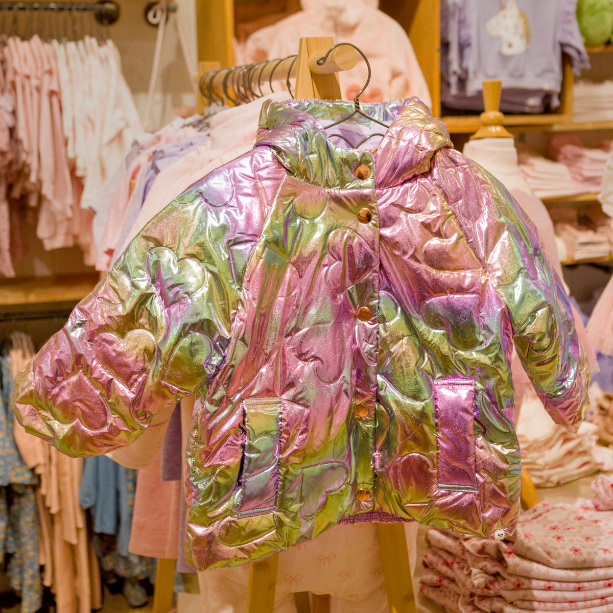 oh baby! Aspen Hooded Coat - Quilted Hearts - Iridescent Pink - In Store