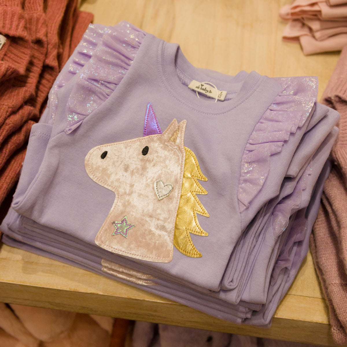 oh baby! Millie Long Sleeve Tee - Unicorn Head Applique - Lavender - In Store
