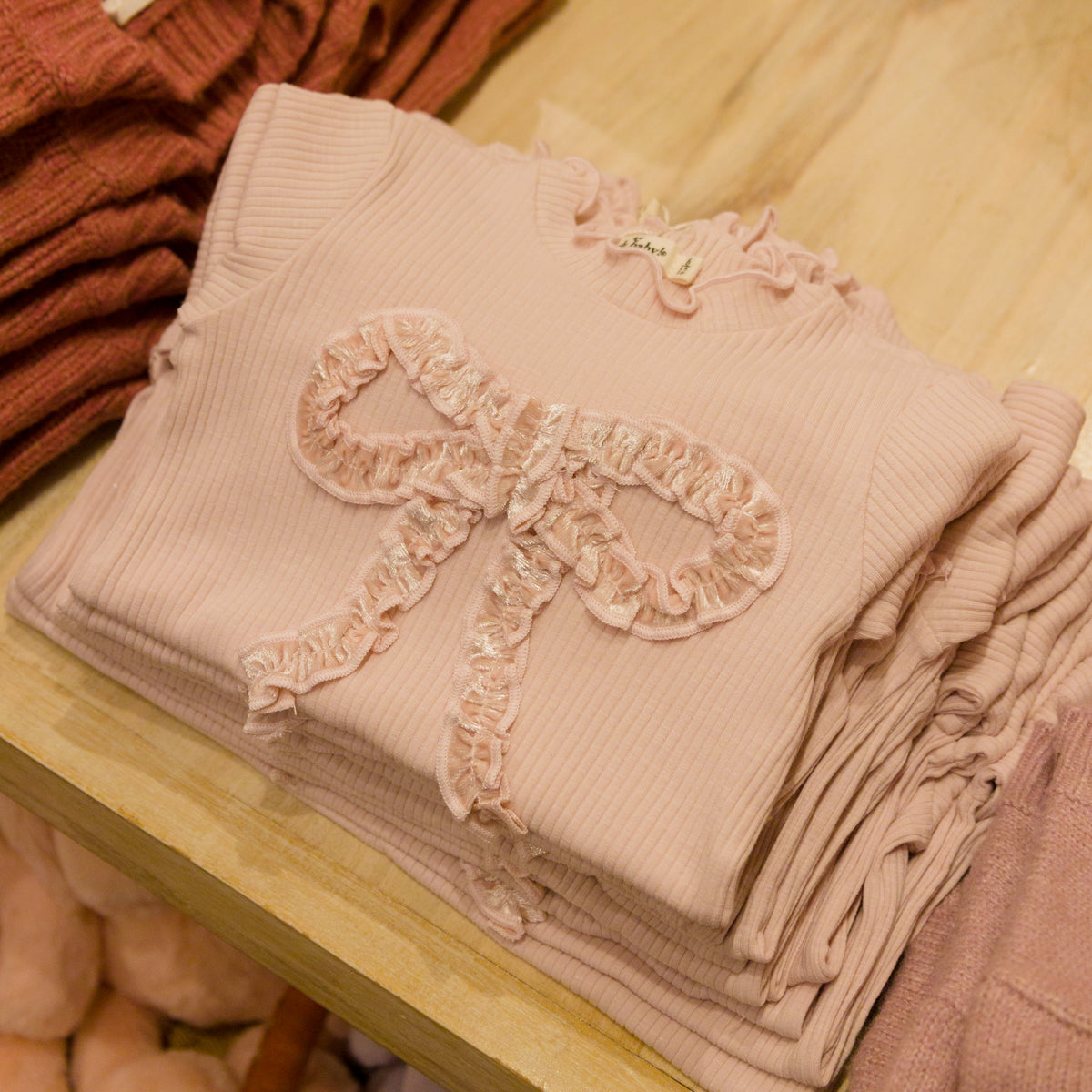 oh baby! Mock Neck Long Sleeve Top - Velvet Ruffle Bow - Dusty Pink - In Store