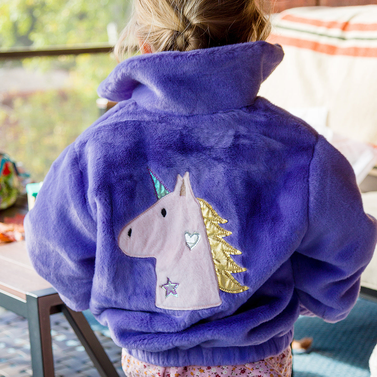 oh baby! Faux Fur Tahoe Coat - Metallic Unicorn Applique - Lavender - Lifestyle