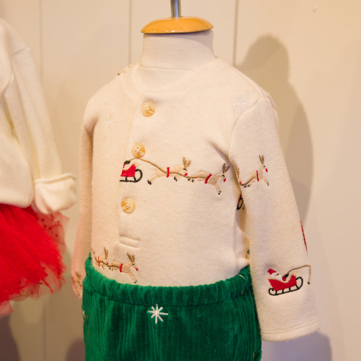 oh baby! Sweater Knit Elbow Patch Henley - Embroidered Santa Sleigh - Natural - Lifestyle - Mannequin