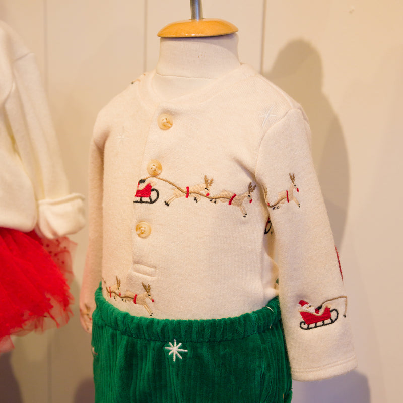 oh baby! Sweater Knit Elbow Patch Henley - Embroidered Santa Sleigh - Natural - Lifestyle - Mannequin